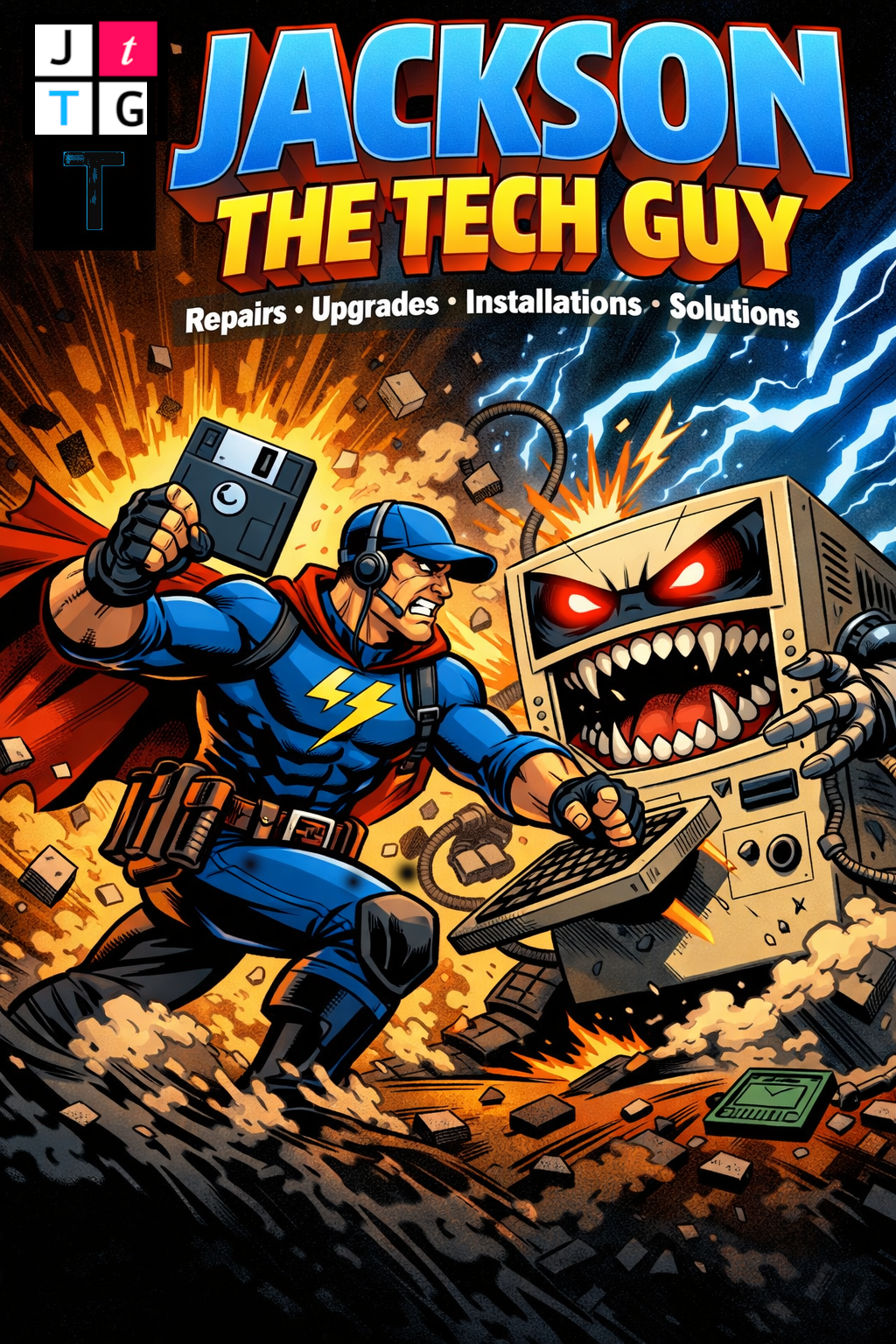 a comic-book cover of an heroic technician doing battle with a malevolvent and beige computer